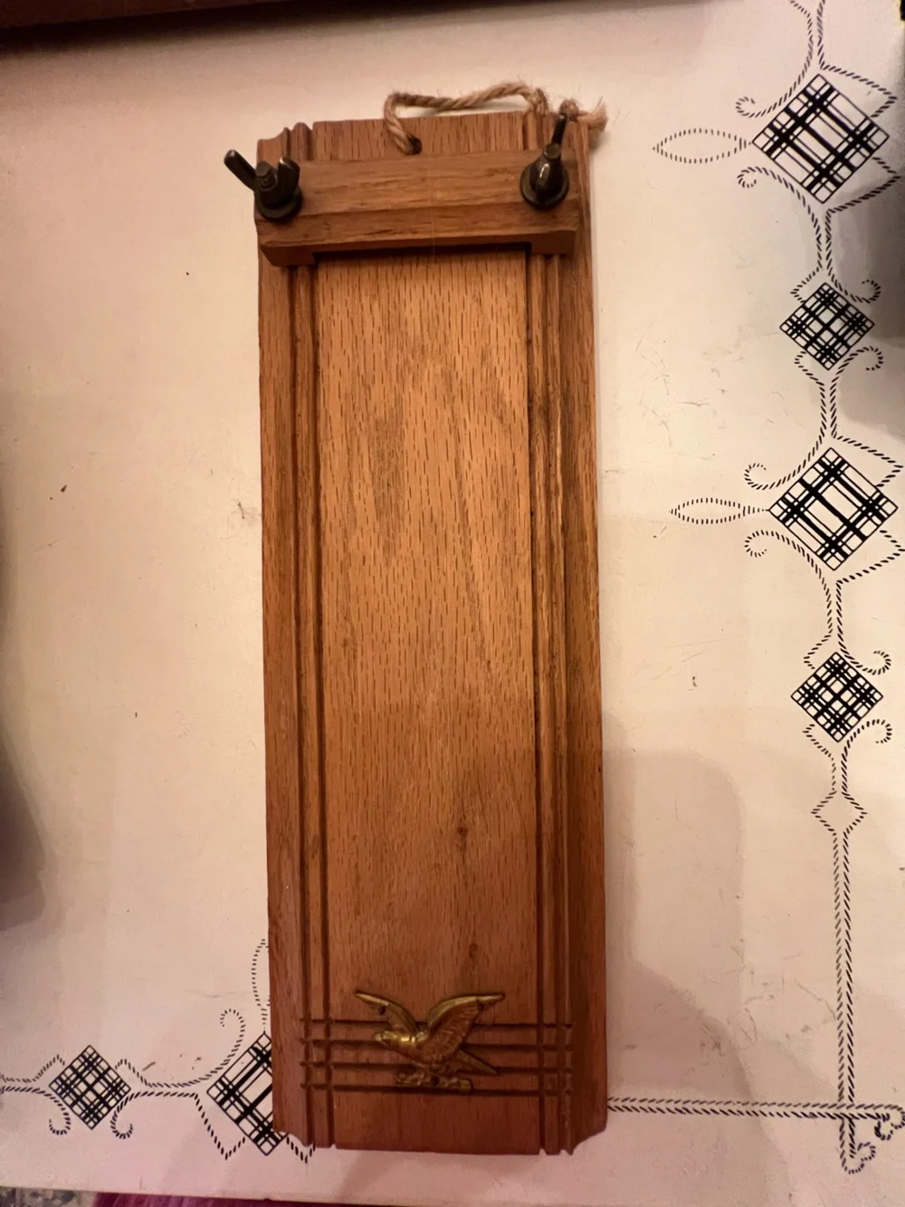 Vintage Wood Grocery List Holder w/ Brass Eagle & Notepad Wall Mount